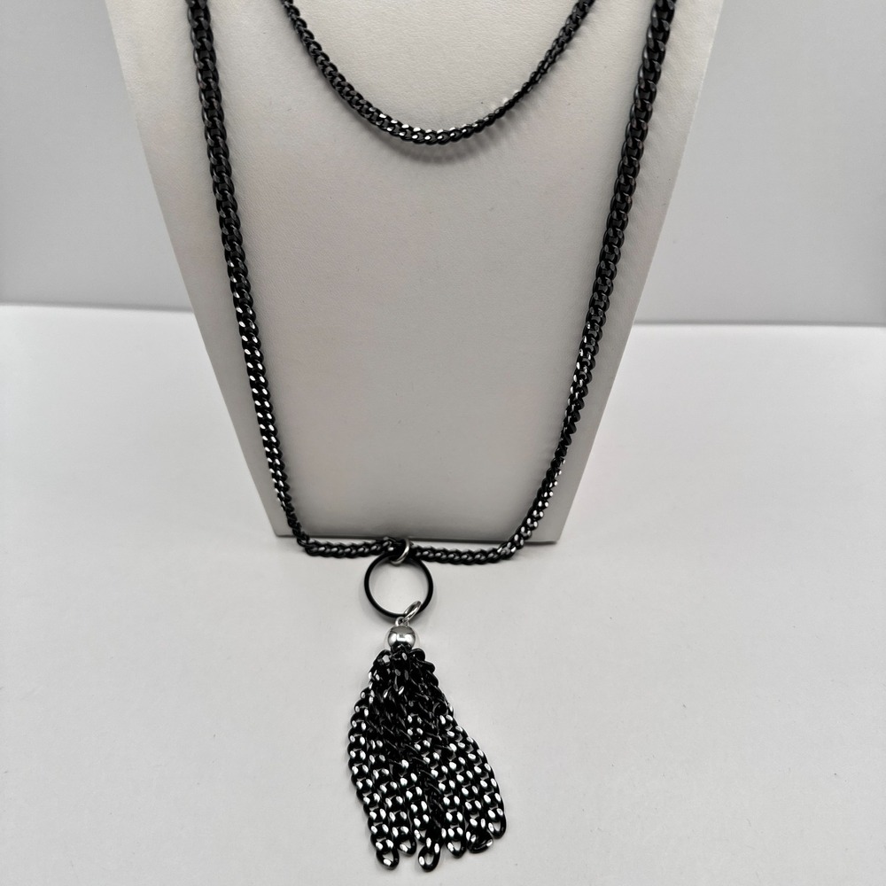 Vintage 90s Black Tassel Fringe Pendant Necklace Curb Chain Classic Jewelry Boho